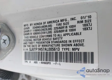 2010 Honda Accord Crosstour Ex-L z USA, uszkodzony, nr VIN 5J6TF1H57AL005613